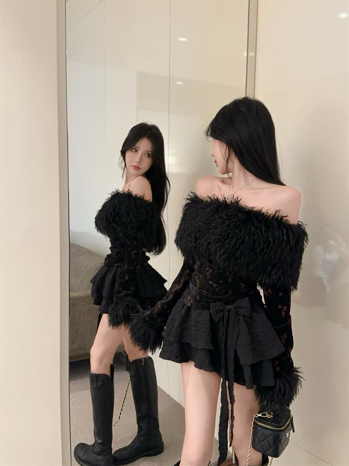 【set】ファードッキング花柄オフショルダー裹起毛トップス×リボン付きスカートセット　M28464