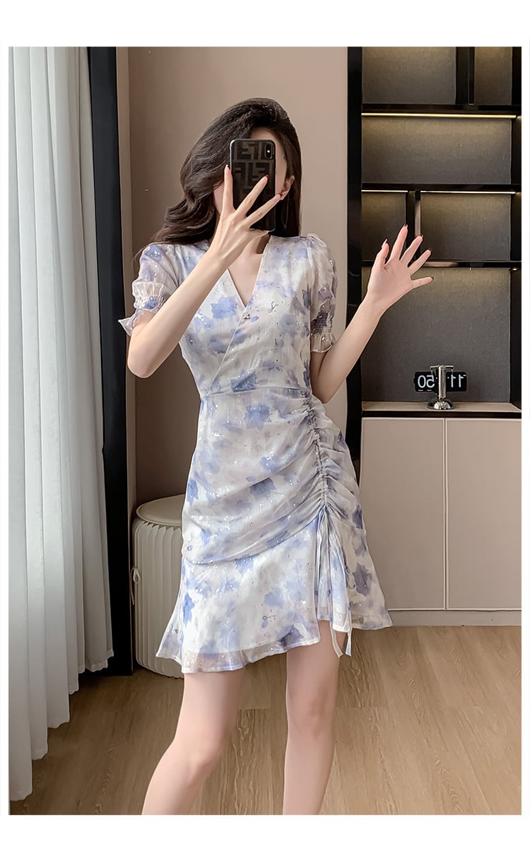 【dress】Vネック花柄シフォンマーメイドワンピース G21275