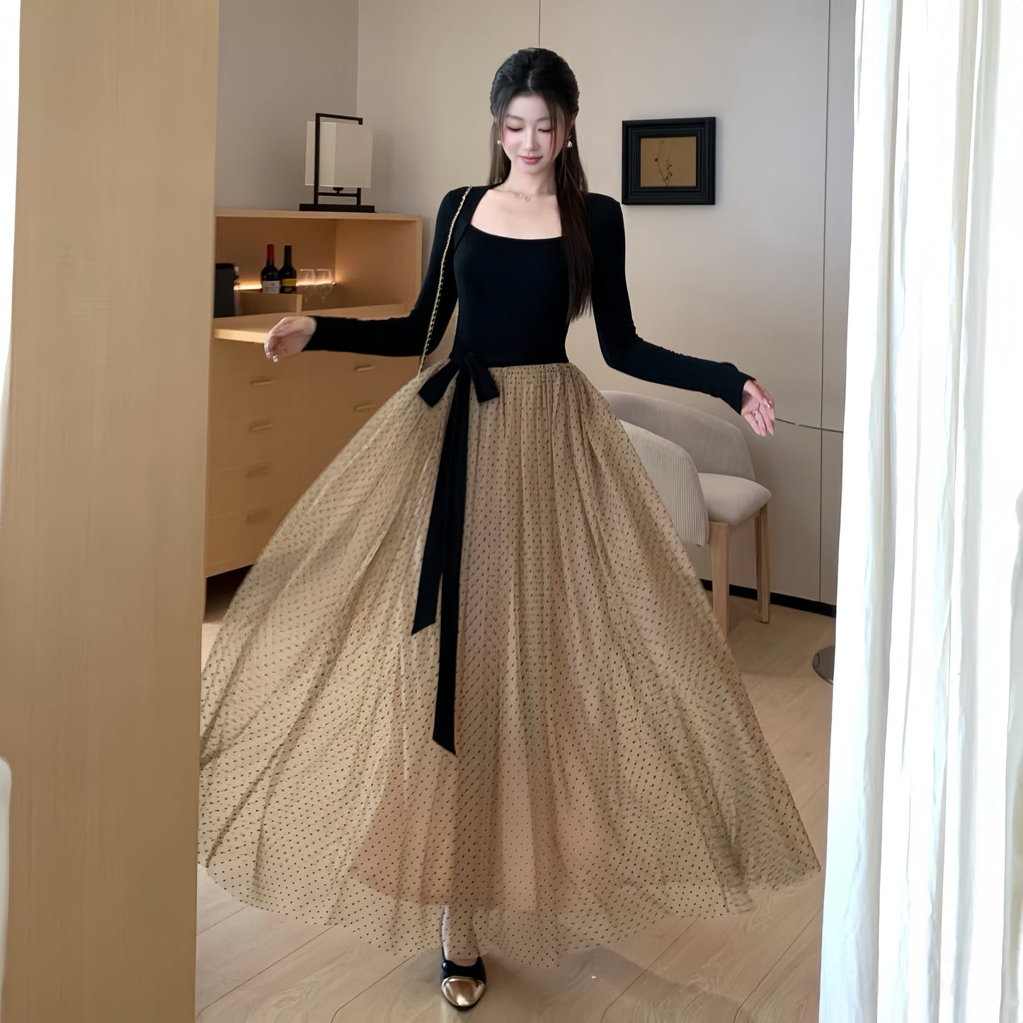 【dress】チュールドッキングロングワンピース　N3439