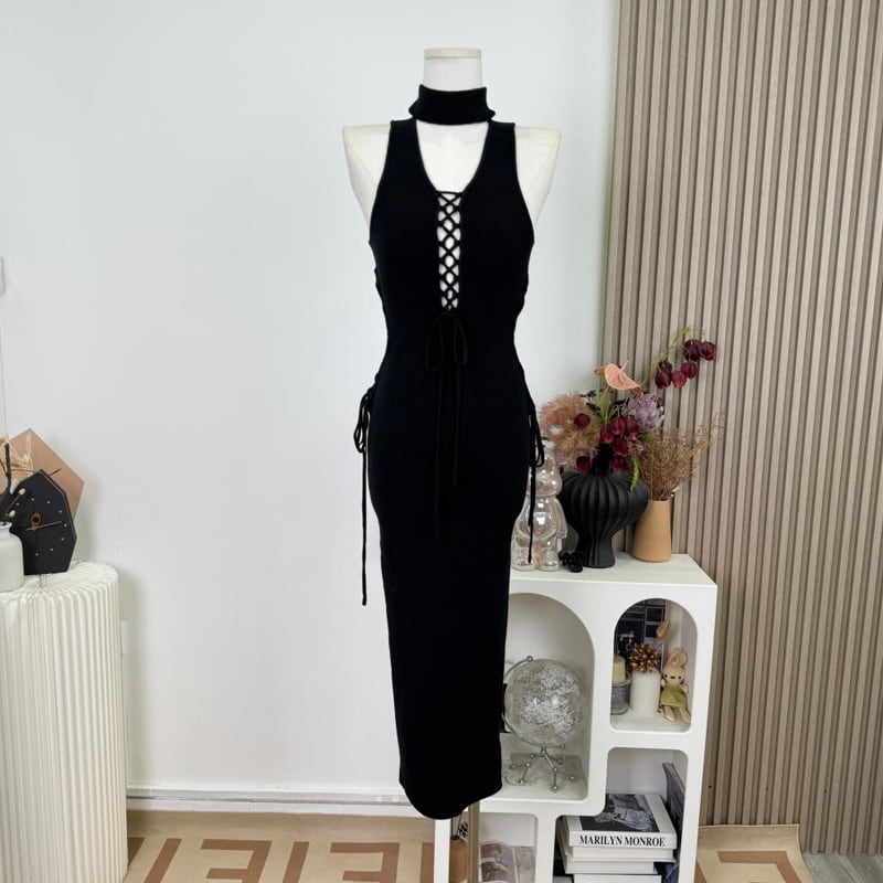 【dress】ストラップデザインロングニットキャミワンピース Q7803