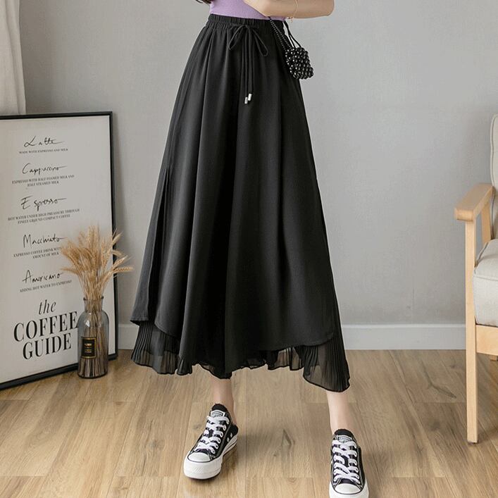 【bottoms】絶対欲しいシンプルカジュアル無地合わせやすいハイウエスト九分丈ガウチョパンツF0017