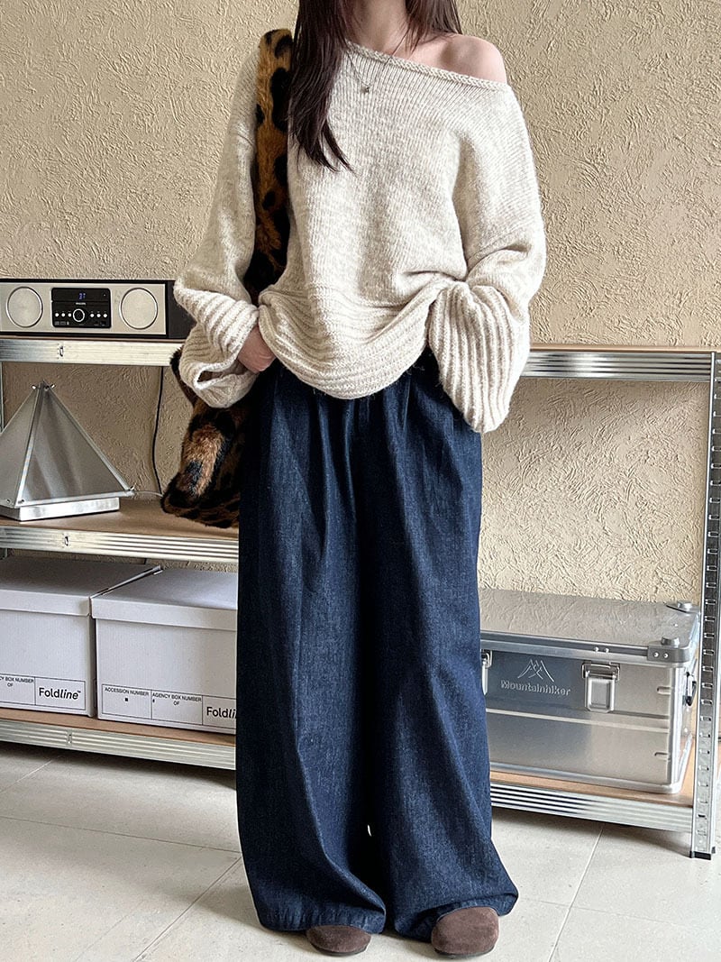 【tops】オフショルダーバルーンスリーブニットトップス　N2911