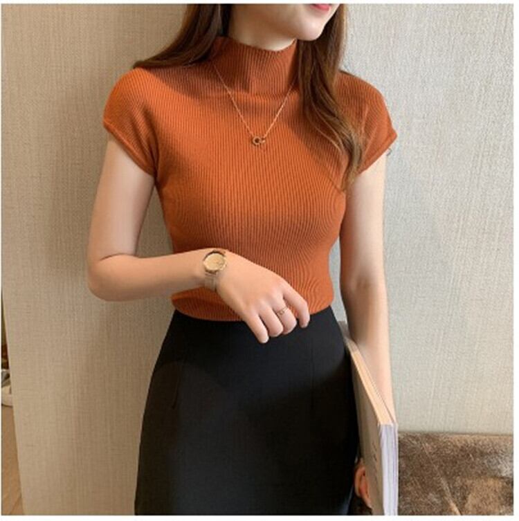 【tops】シンプルハーフネック半袖無地体型カバー着回しニットF0020