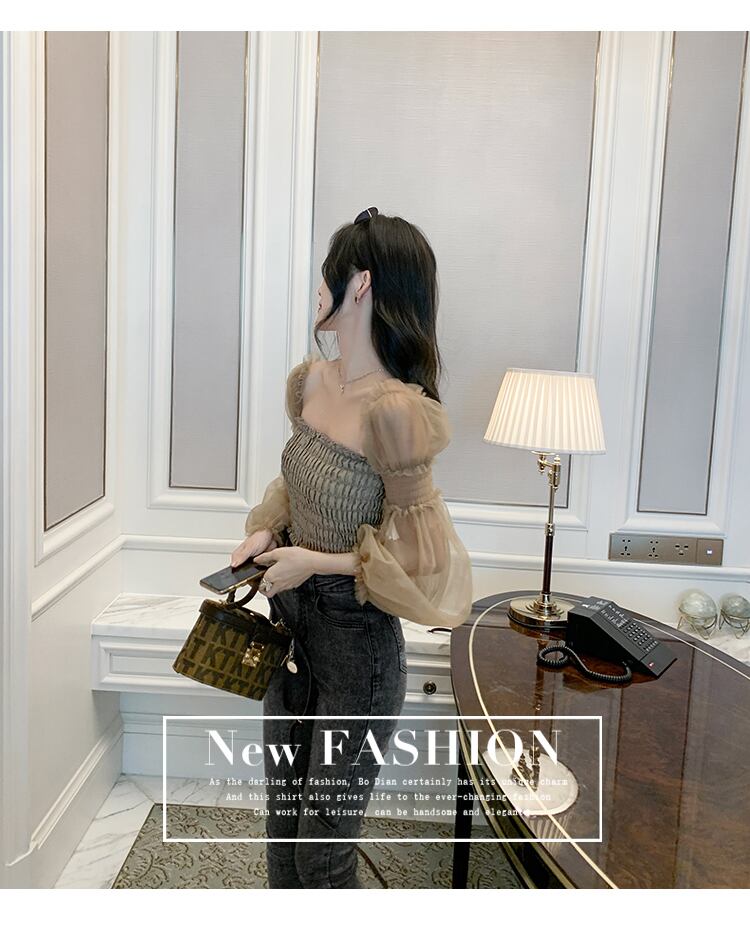 【tops】オシャレ度満点〜2wayオフネックメッシュ切り替え長袖着回し無地ブラウスF0566