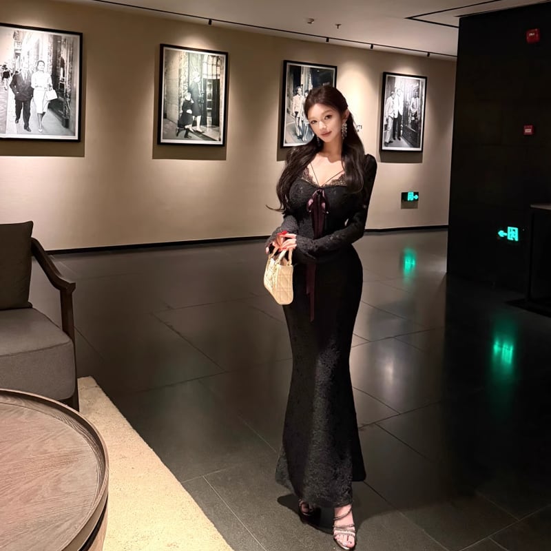 【dress】リボン付きレースタイトワンピース Q7602