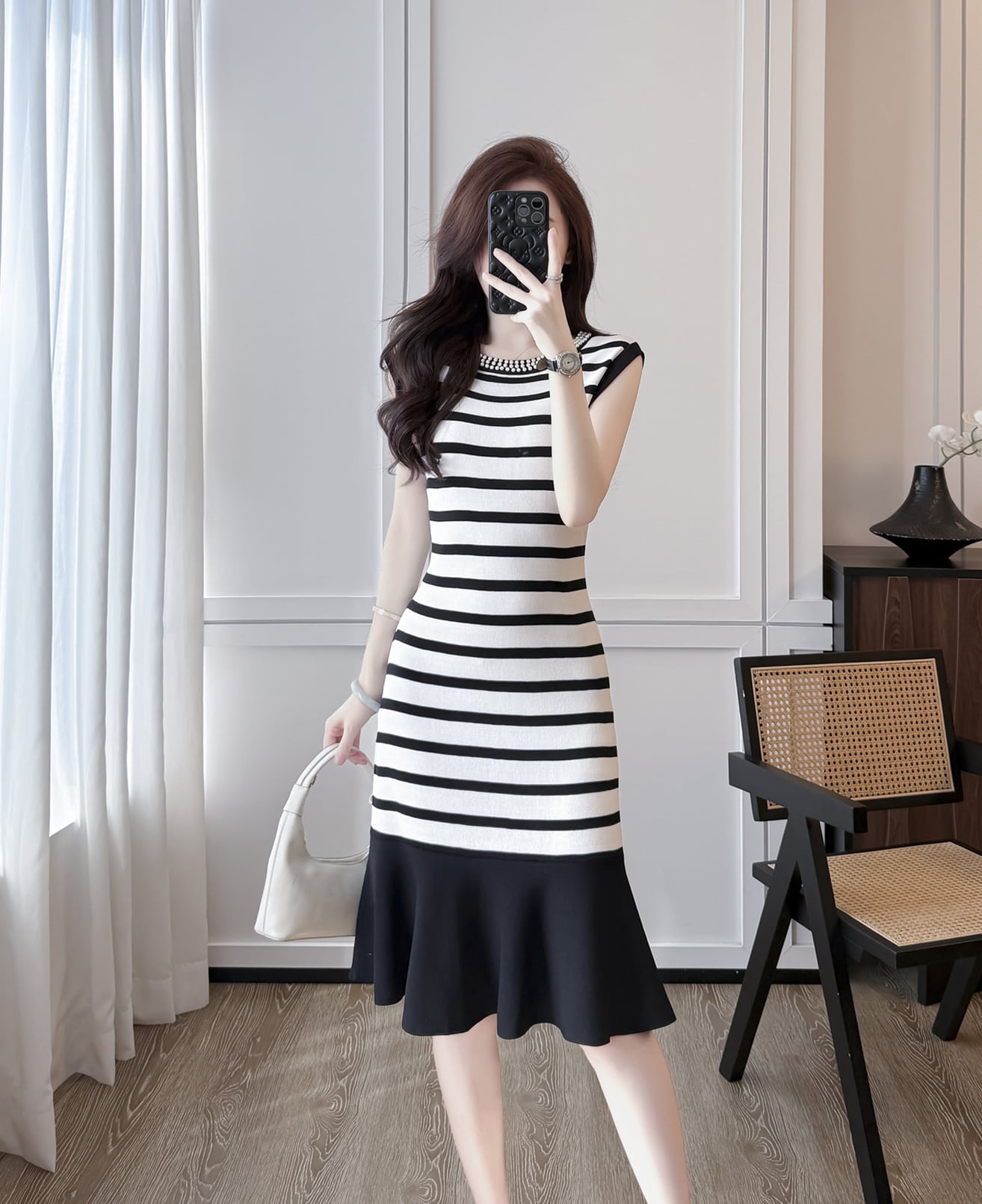 【dress】ノースリーブボーダー柄ニットワンピース Q8491