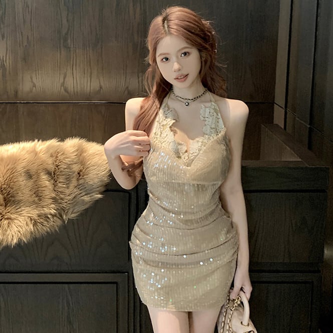 【dress】スパンコールホルターネックワンピース　M30063