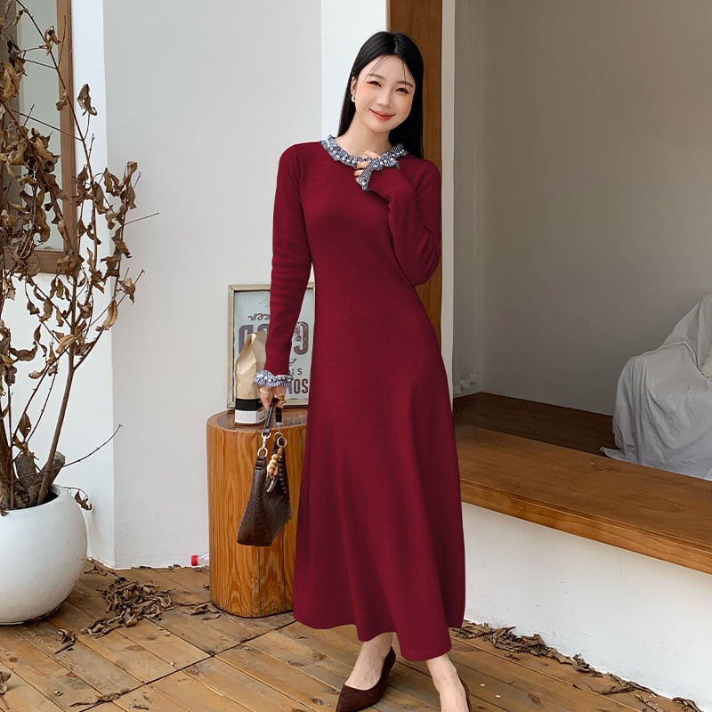 【dress】パール付きニットワンピース Q7053