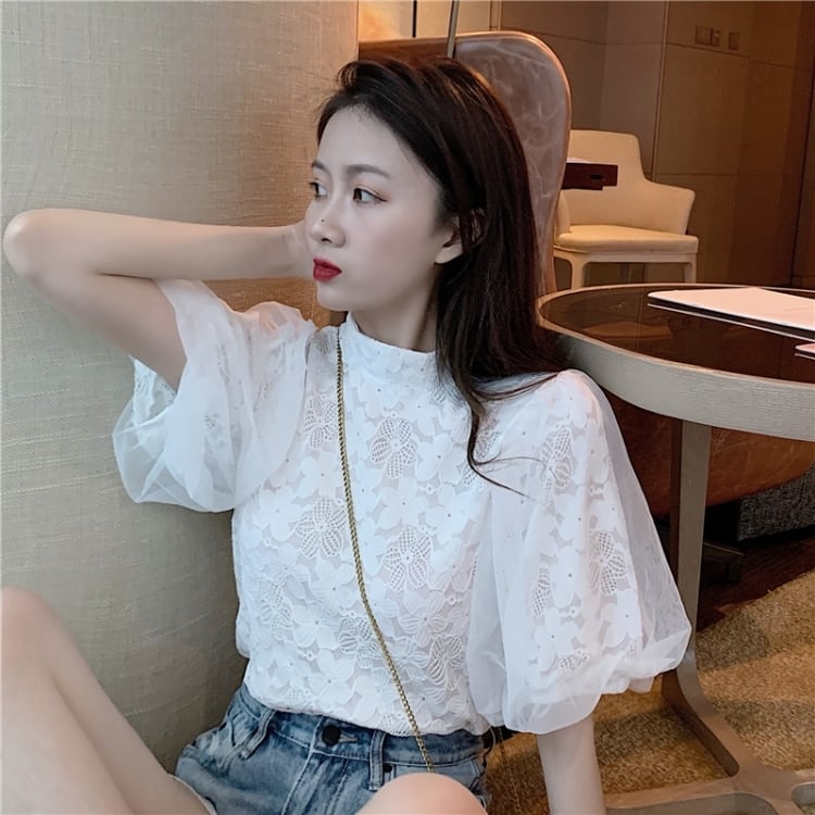 【tops】パフスリーブレースブラウスG20111