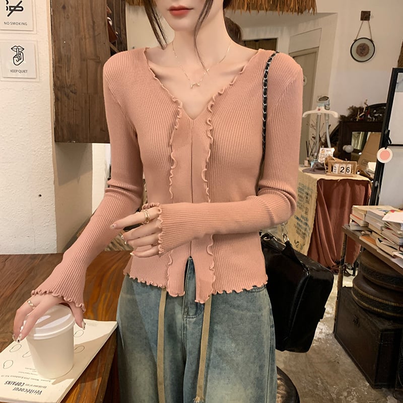 【tops】Vネックフリルニットトップス　M18839