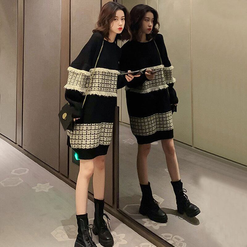 【dress】韓流スタイル!気質満点スウィートルーズゆったり切り替えニットワンピース G2656