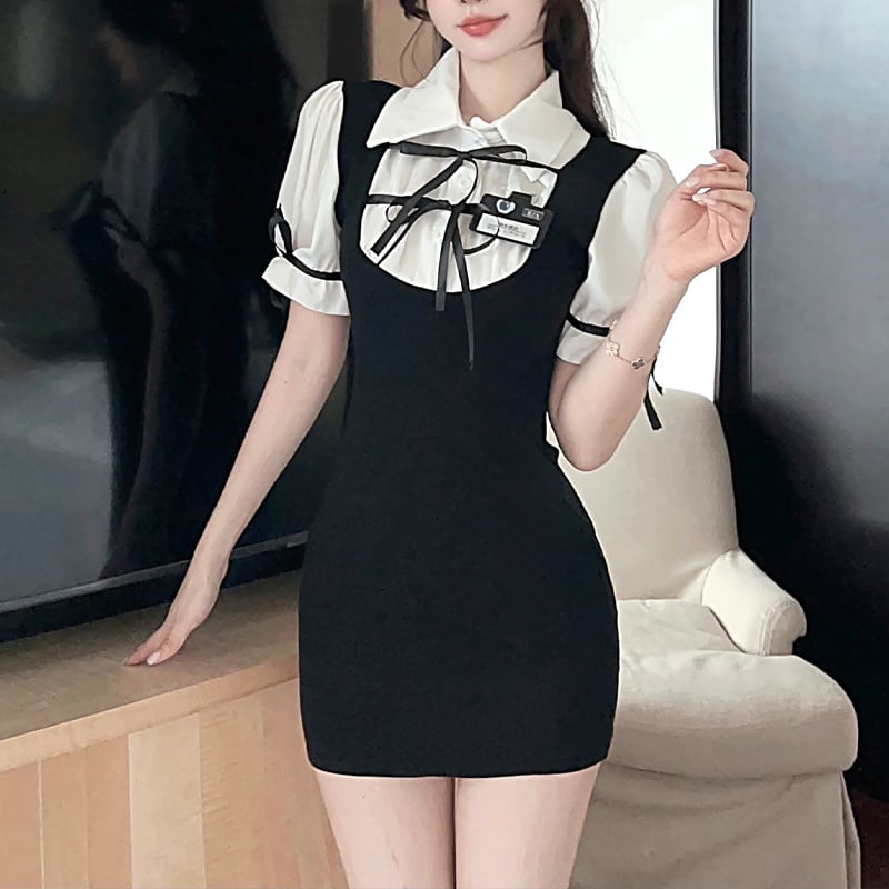 【dress】リボン付きフェイクレイヤードワンピース Q8415
