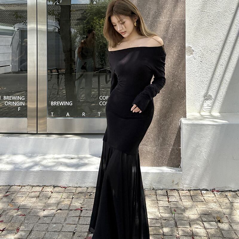 【dress】オフショルドッキングマーメイドワンピース Q6925