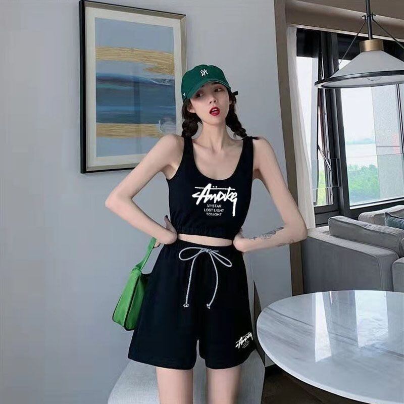 【set】英字柄配色タンクトップ+ショートパンツ2点セットF7337