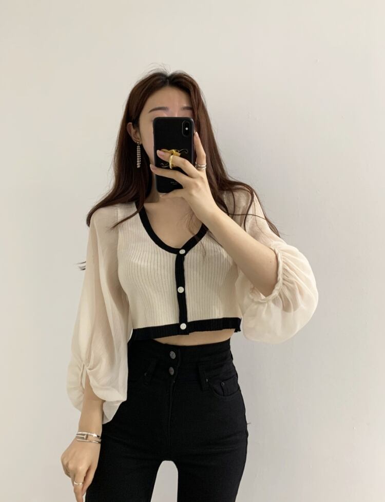 【tops】Vネック ランタンスリーブ切り替えトップスニット G15684