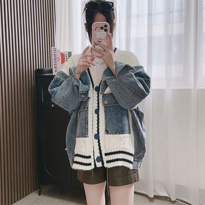 【outer】デニム切り替えニットカーデ　M25784