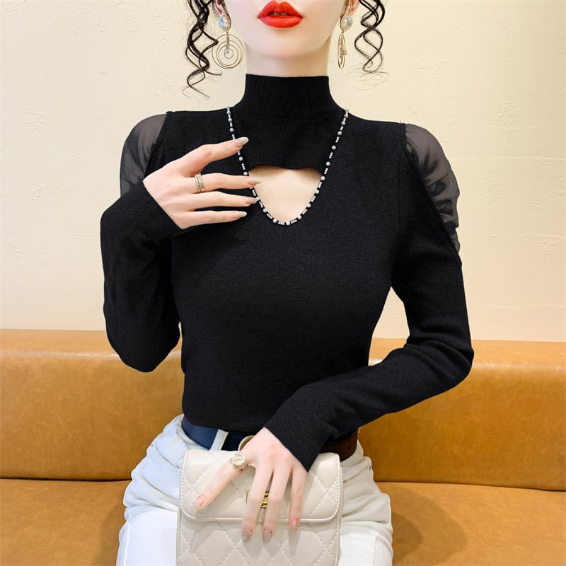 【tops】シースルーショルダーニットトップス　M28082