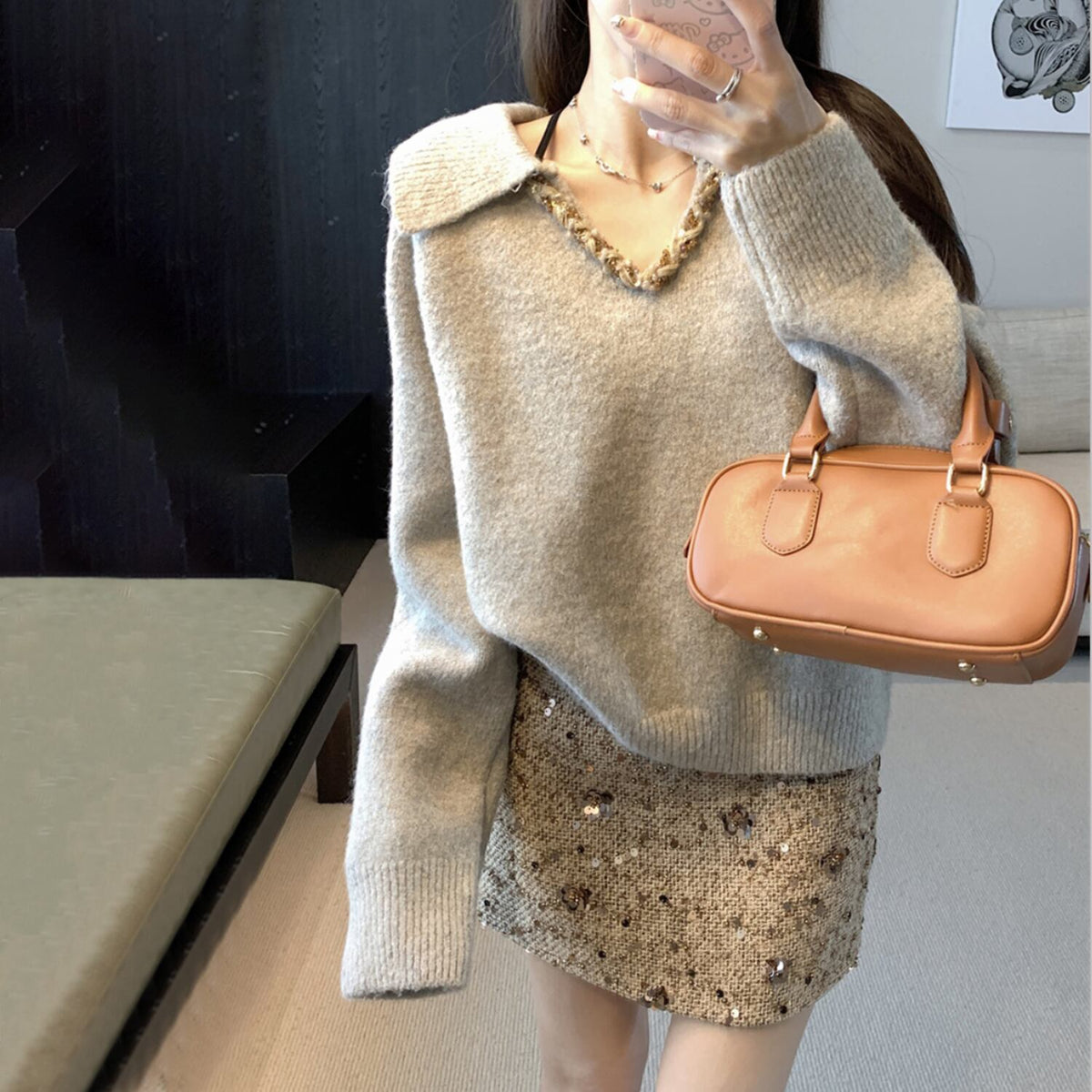 【set】Ⅴネックニットトップス×スパンコールスカートセット　M28146