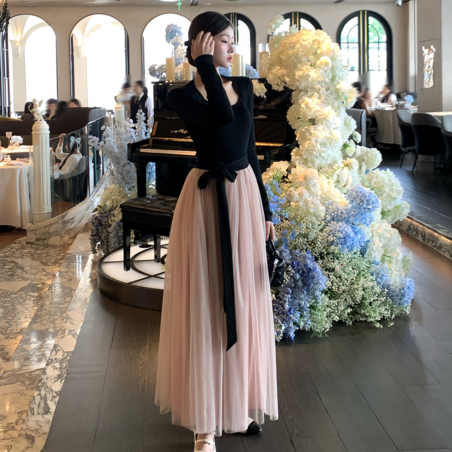 【dress】チュールドッキングロングワンピース　N3439