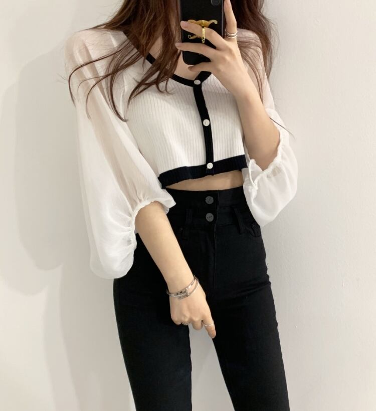 【tops】Vネック ランタンスリーブ切り替えトップスニット G15684