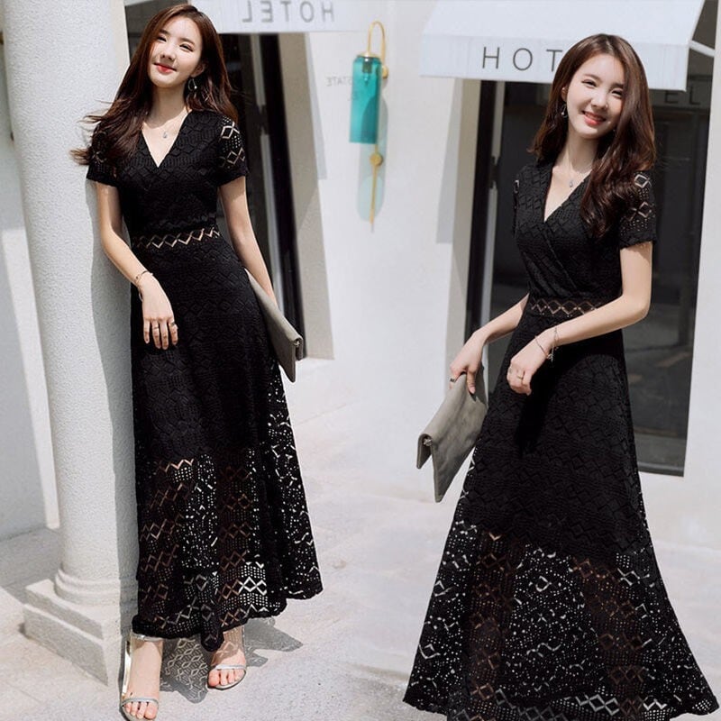 【dress】今季トレンドレース着痩せハイウエストAライン透かし彫り無地ワンピースF0117