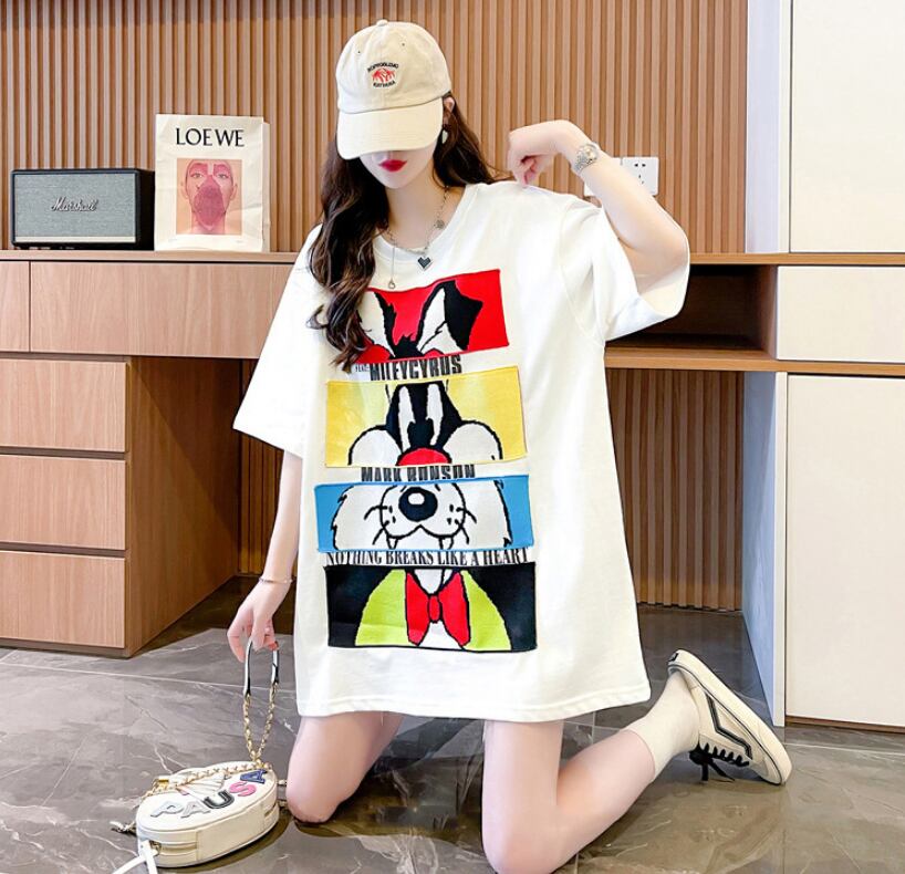 【tops】2色ラウンドネック半袖配色動物柄英字柄ゆったり着回しTシャツF2272