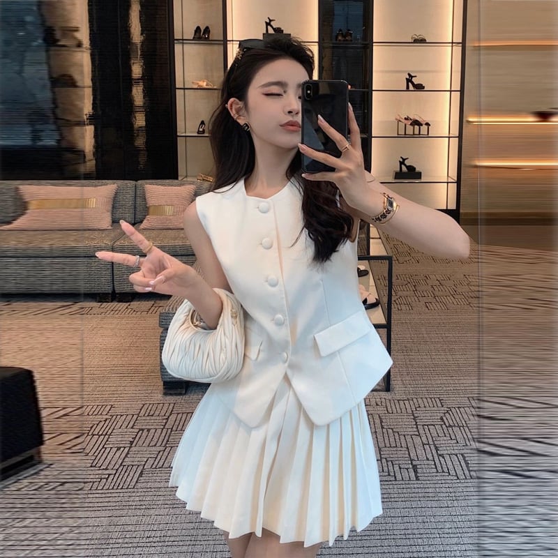 【set】ノースリーブトップス+プリーツスカート2点セットF7375