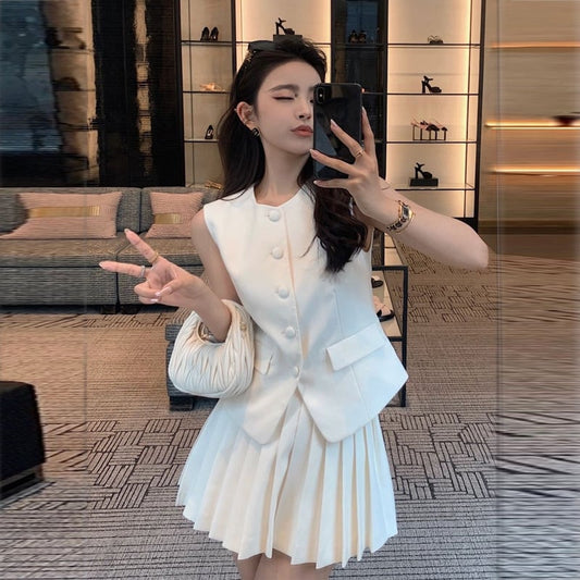 【set】ノースリーブトップス+プリーツスカート2点セットF7375