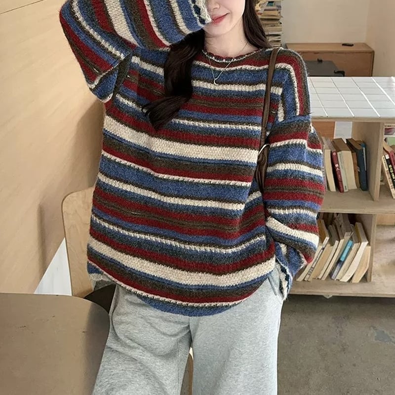 【tops】カラフルボーダー柄ニットトップス Q7788