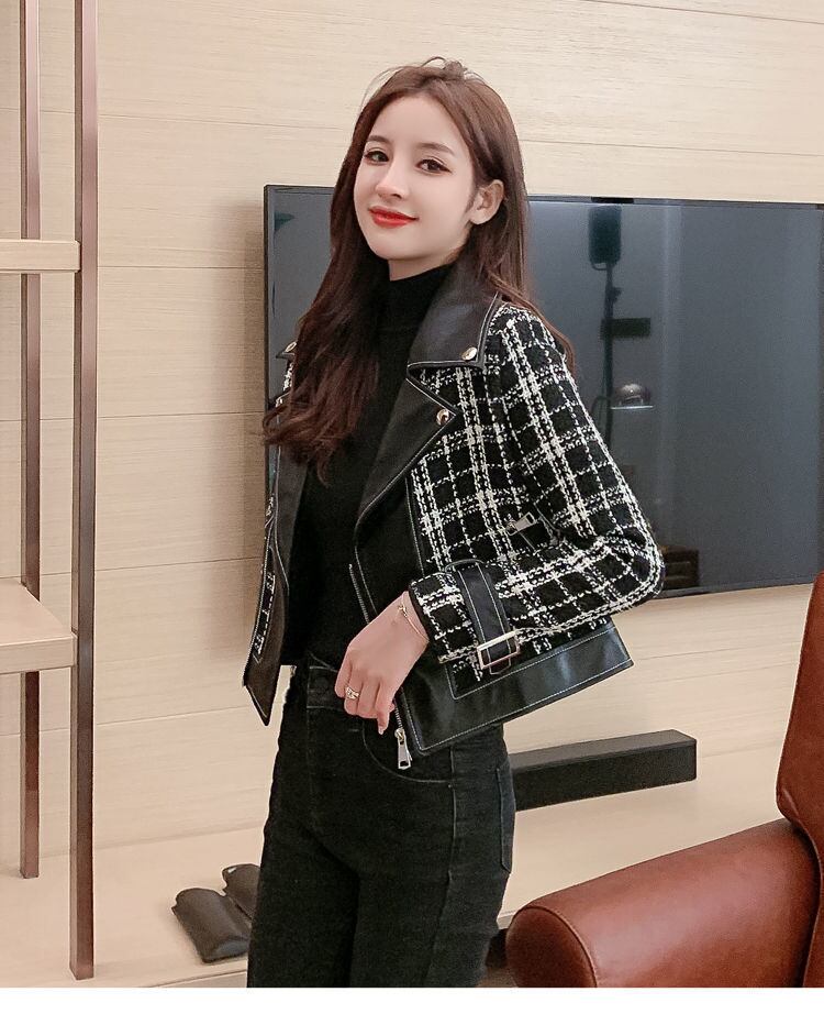 【outer】話題沸騰中大きいラペル長袖韓国風チェック柄配色切り替えショート丈ジャケットF1643