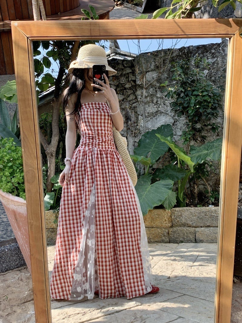 【dress】レースドッキングチェック柄ワンピース　M29795