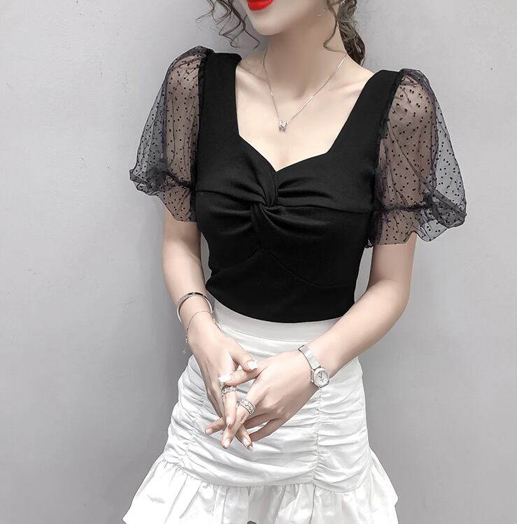 【tops】韓国風INS風スクエアネックメッシュ半袖着やせ無地TシャツF2235