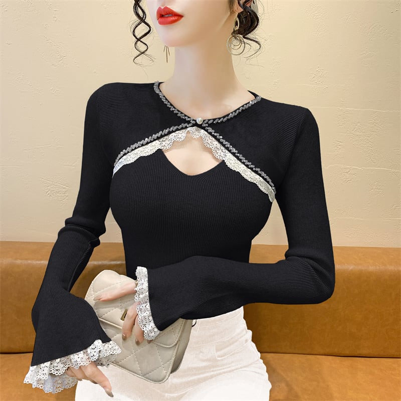 【tops】ビジューレース切り替えニットトップス　M27966