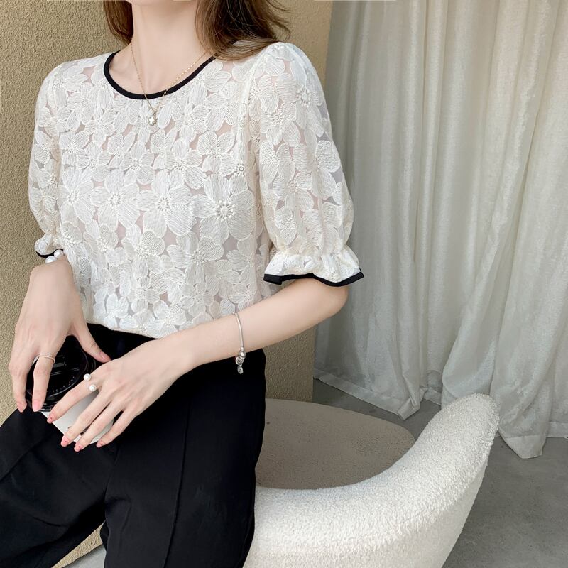 【tops】美人度アップラウンドネック半袖レース配色着回しファッションブラウス