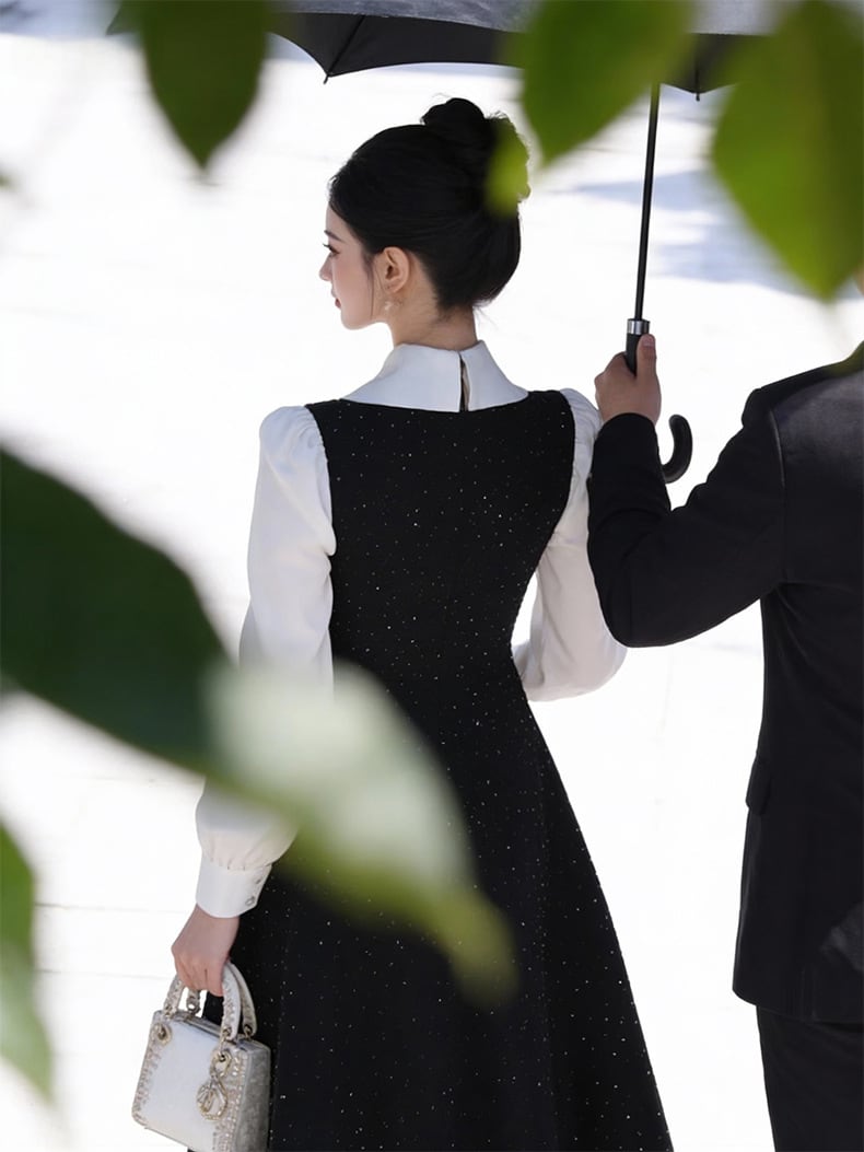 【dress】ラインストーン付きフリルロングワンピース Q7970