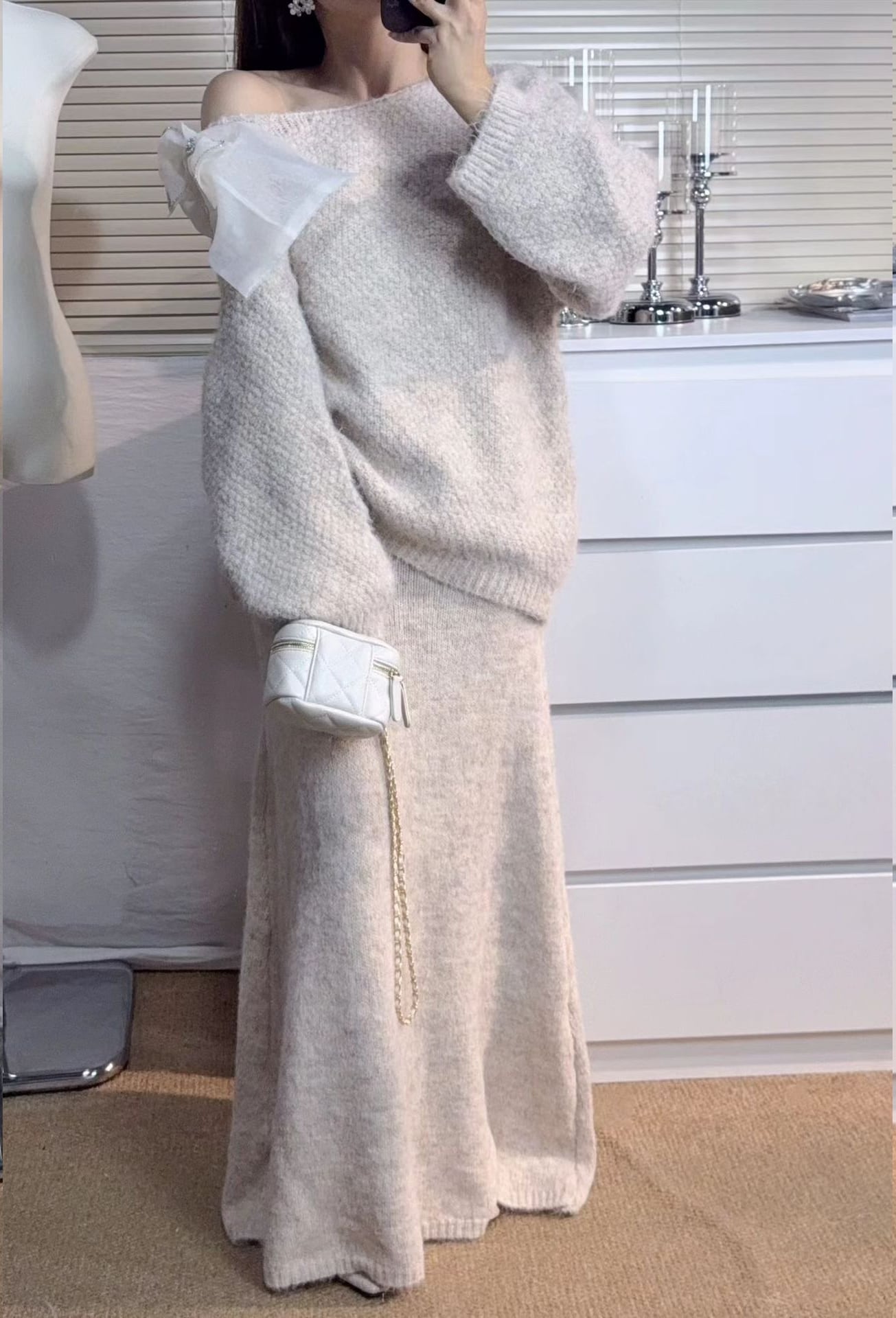 【set】リボン付きニットトップス×ロングスカートセット Q7290