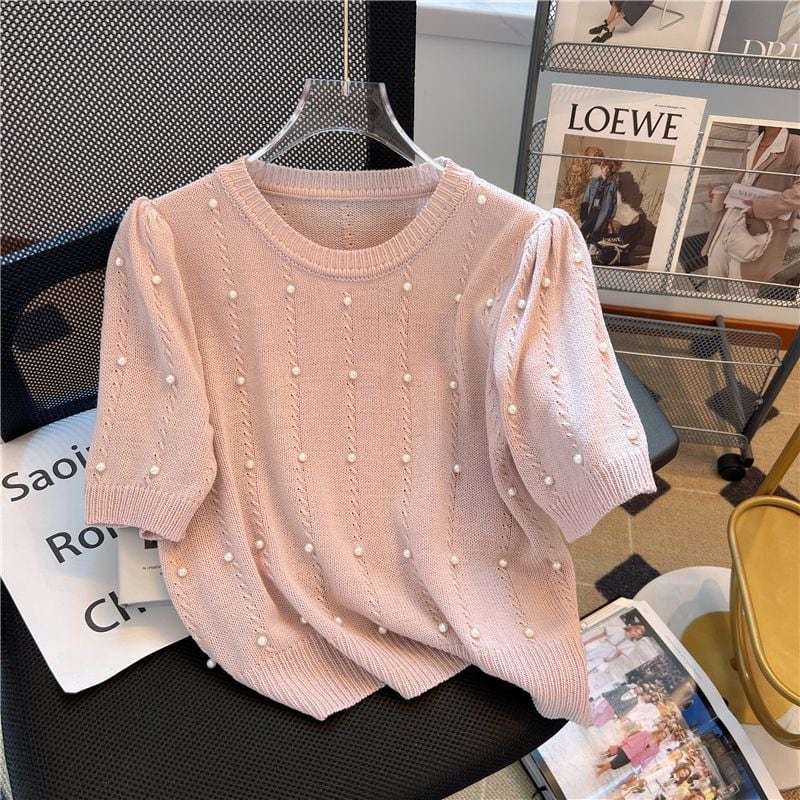 【tops】4色ラウンドネックニットＴシャツF7307