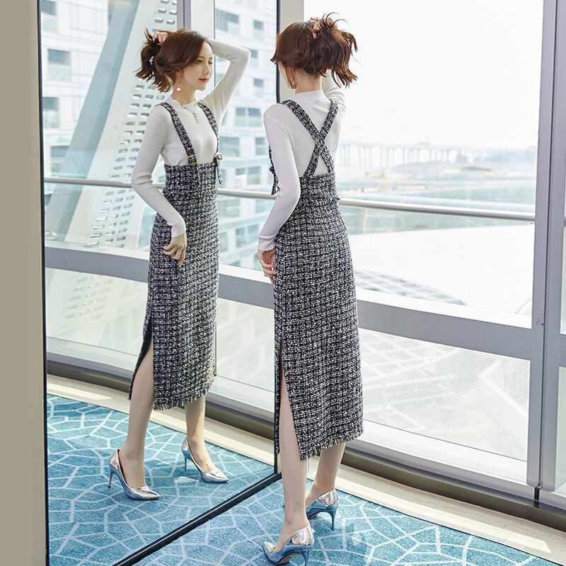 【set】ニットセーター+チェック柄サスペンダースカートセット G12551