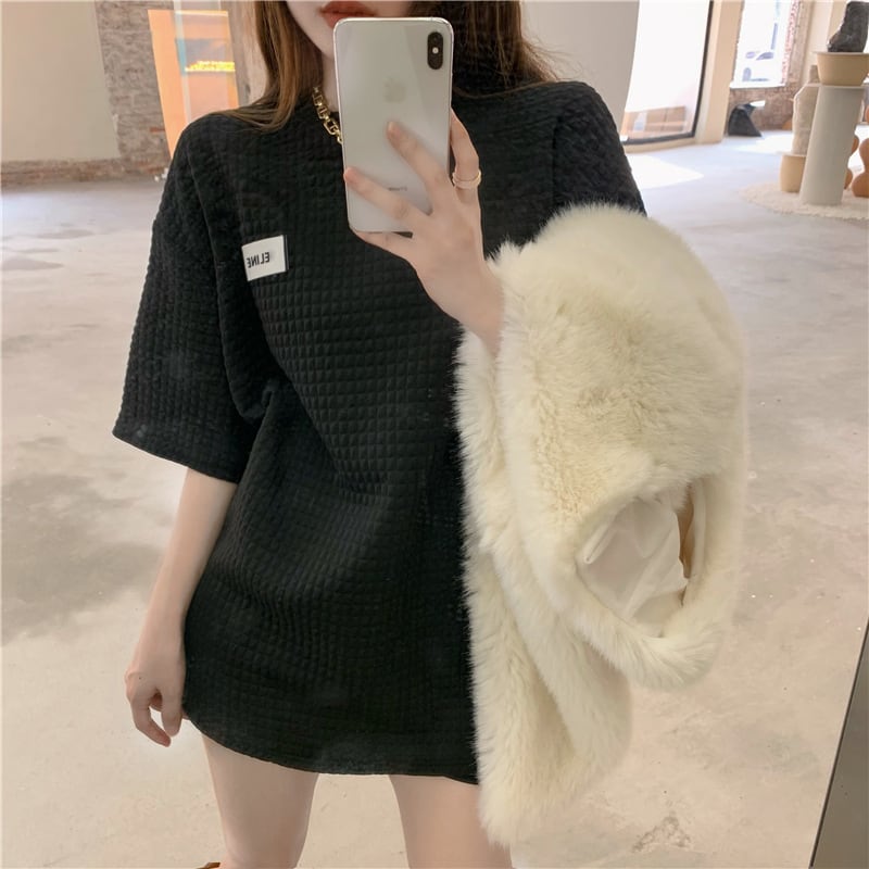 【tops】韓国ファッションINS風2色ラウンドネック半袖ゆったり着回しTシャツF0379