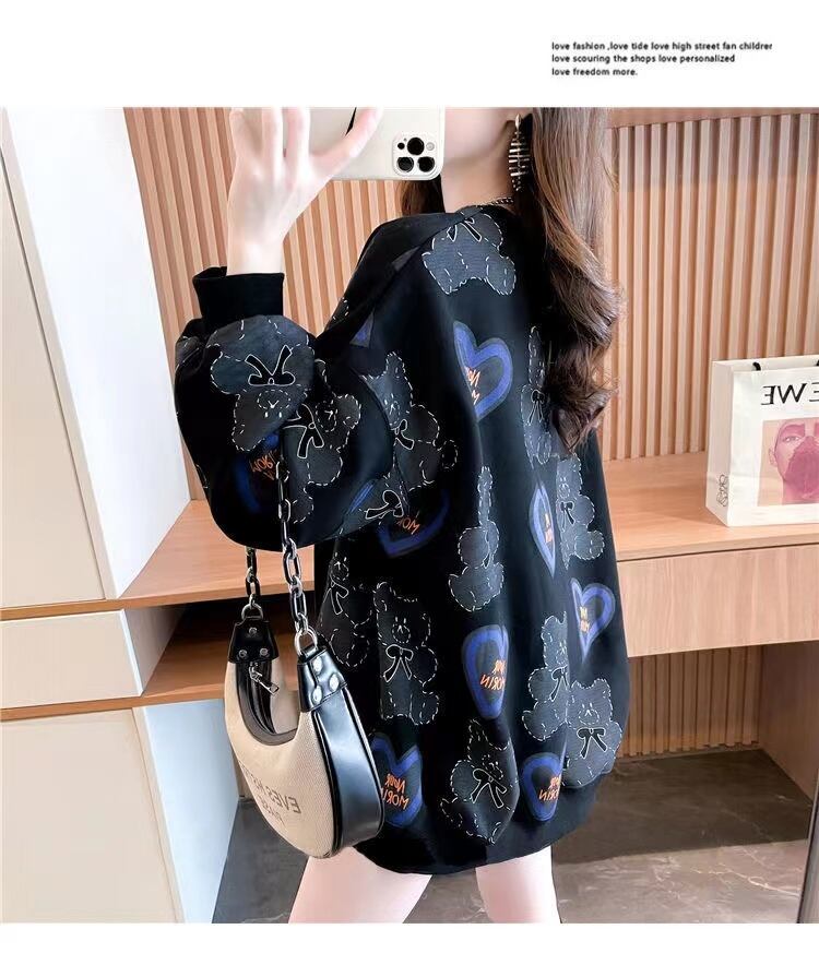 【tops】おすすめ3色裏起毛ラウンドネック長袖秋冬新作動物柄ハート柄配色厚手着回しパーカーF1333