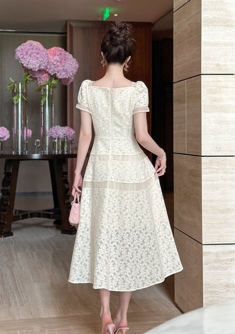 【dress】半袖スクエアネックレースロングワンピース Q8482