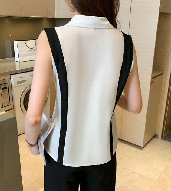 【tops】女性力を高める〜ラペルノースリーブ配色ファッションゆったり着回しタンクトップF0555