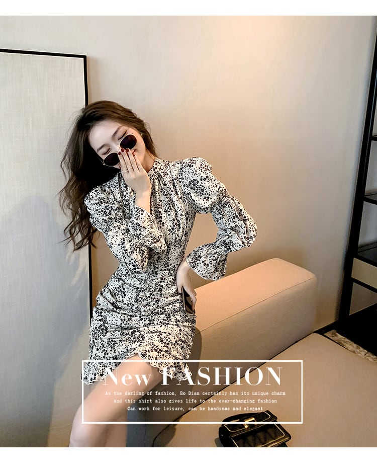 【dress】気質満点 レトロスタンドネックタイト不規則花柄ワンピース G1631