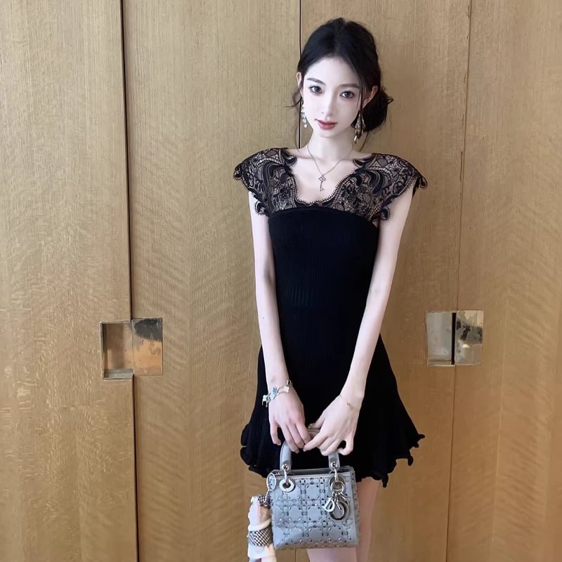 【dress】ノースリーブレースドッキングミニワンピース Q8469