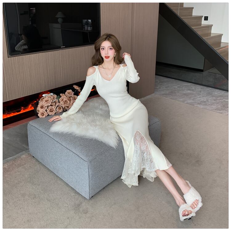 【dress】レースドッキングニットワンピース　M28023