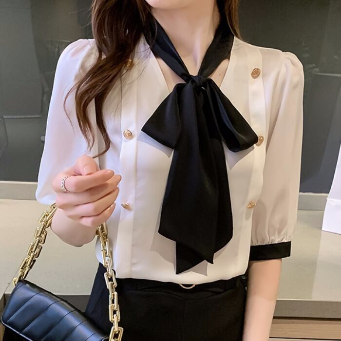 【tops】韓国ファッションタイカラー半袖配色着回しシンプルゆったりブラウスF0131
