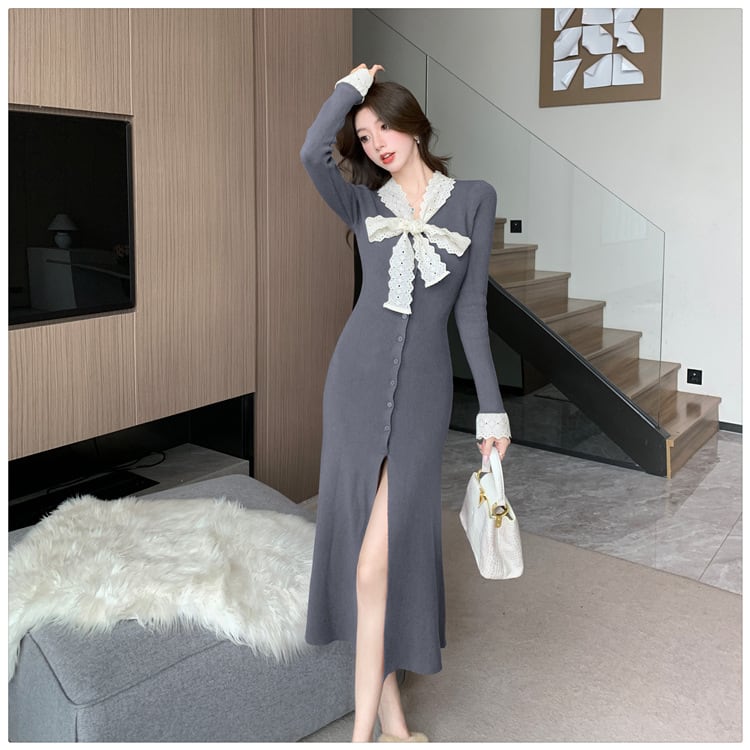 【dress】リボン付きニットワンピース　M27841