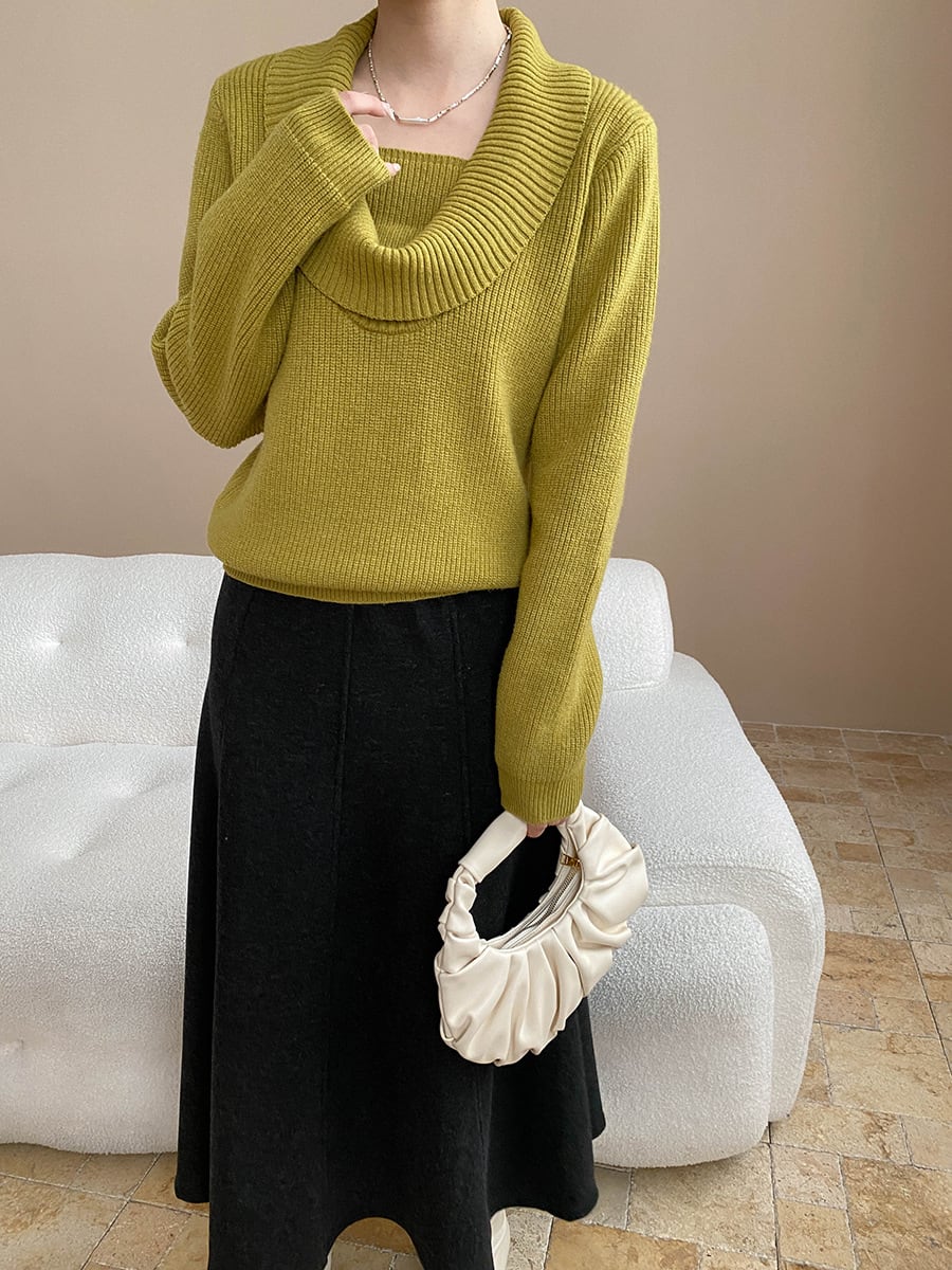 【tops】5色展開ドレープドネックニットトップス Q7379