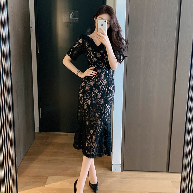 【dress】韓国ファッションVネック半袖レース体型カバー気質淑女マーメイドワンピースF0293