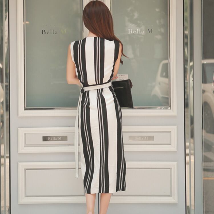 【dress】知的で品の良いエレガント夏新作Vネックノースリーブ韓国風ストライプ柄ウエストリボンワンピースF2360